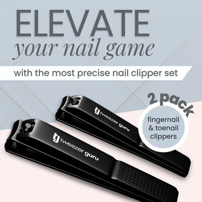 Tweezer Guru Nail Clippers - 2 Pack Professional, Stainless Steel Toe &amp; Finger Nail Clipper Set for Men, Women and Kids - Curved Edge, Matte Black