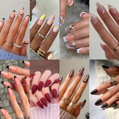 Noffeelink 8 Packs (192 Pcs) Press on Nails, Acrylic Fake Nails, Short False Nails, Medium Glue on Nails, Nails Set Almond Square and French for Women Girls