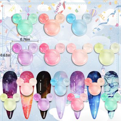 MIKIMIQI 56 Pcs Mouse Head Nail Art Decor - 7 Colors Resin Mouse Shape Charms and Cute Ear Rhinestones With Storage Box for Manicure Craft