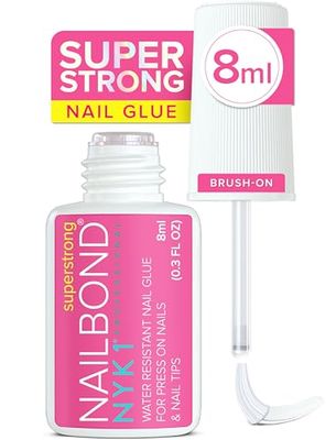 Super Strong Nail Glue for Press On Nails, Nail Tips &amp; Acrylic Nails (8ml) NYK1 NailBond Brush On Glue for Press Ons, Tips &amp; Acrylics - Long Lasting, Maximum Strength, Mess-Free Application