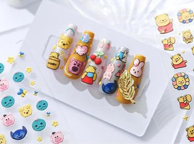 Dedyel Cute Nail Stickers 5D Embossed Cartoon Nail Stickers Kawaii Animal Self-Adhesive Nail Decals for Women Girls Kids Nail Art Decoration