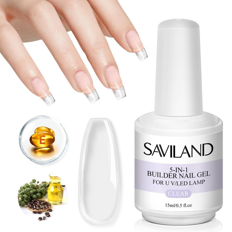 SAVILAND 5 in 1 Clear Builder Nail Gel - 15ml Quick Building Nail Strengthener Gel Castor Oil Vitamin E Builder Nail Gel in a Bottle for Damage Nail Repair Nail Extension Nail Decoration Professionals