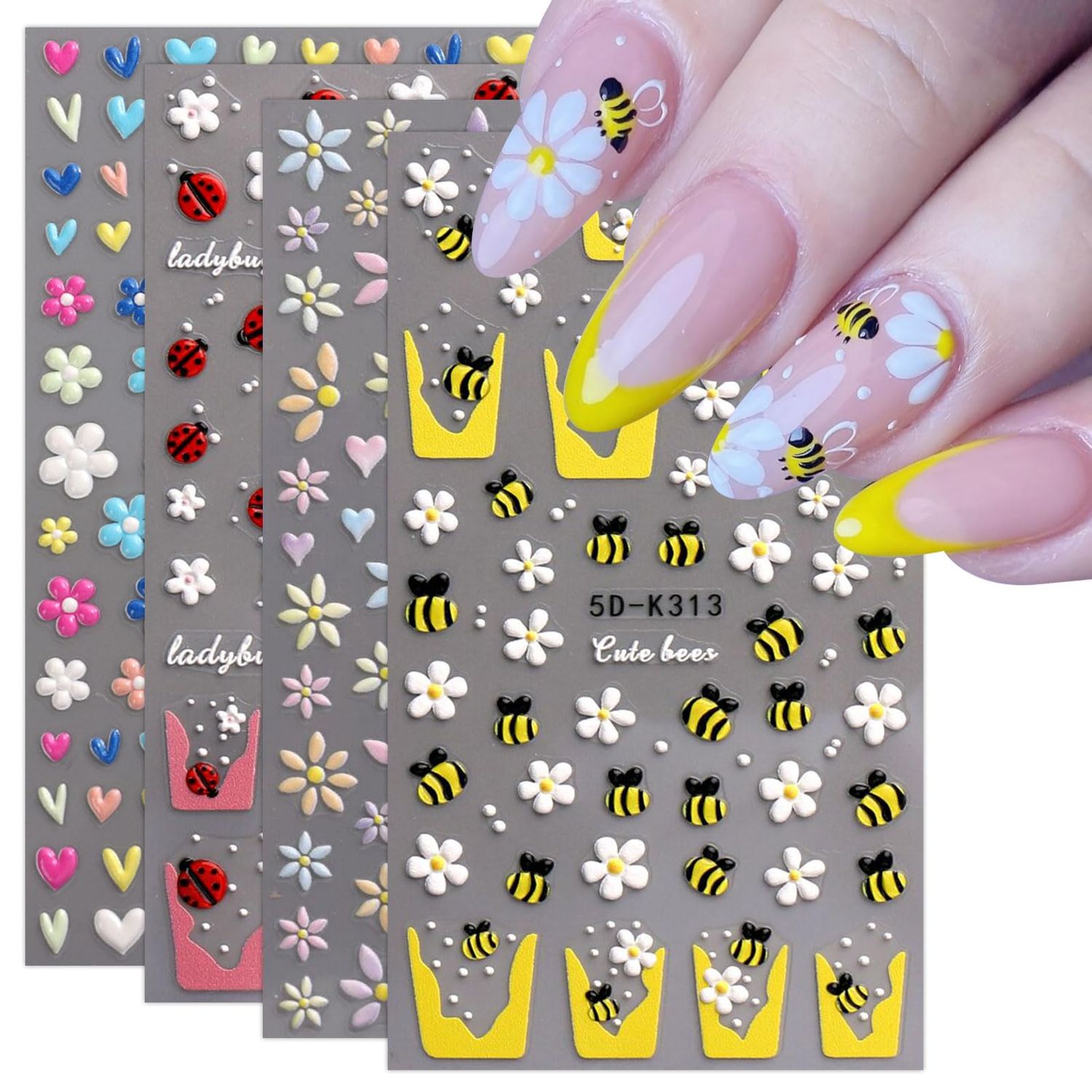 JMEOWIO 3D Embossed Bee Flower French Tip Nail Art Stickers Decals Self-Adhesive 5D Nail Supplies Nail Art Design Decoration Accessories 4 Sheets