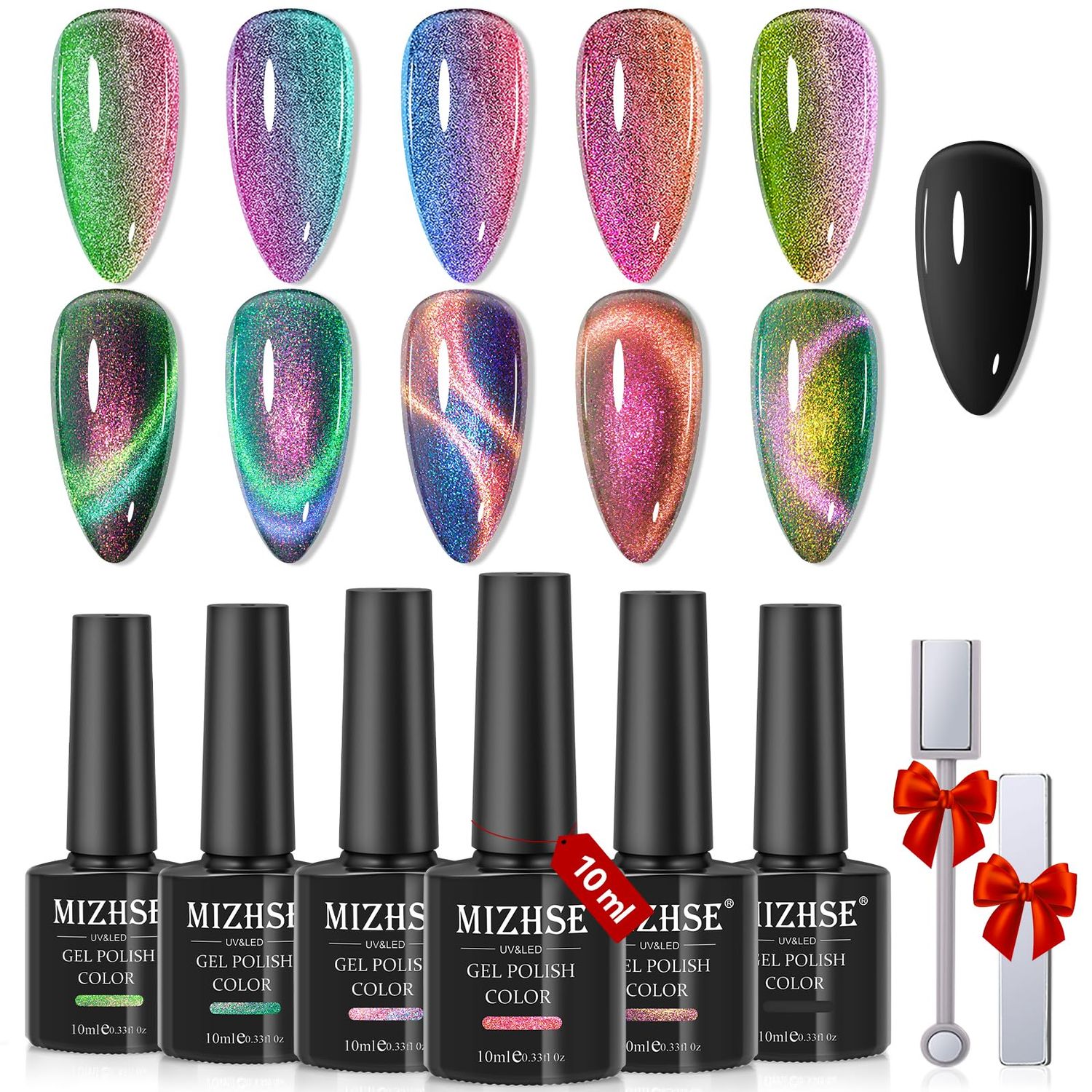 MIZHSE 9D Cat Eye Gel Nail Polish: Magnetic Gel Polish Set 10 ml 6 Colors with 2 Magnet Sticks, Chameleon Magic Galaxy Shiny Effect Cateye Nail Polish Soak off Nail Art Gift for Ladies