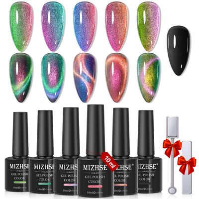 MIZHSE 9D Cat Eye Gel Nail Polish: Magnetic Gel Polish Set 10 ml 6 Colors with 2 Magnet Sticks, Chameleon Magic Galaxy Shiny Effect Cateye Nail Polish Soak off Nail Art Gift for Ladies