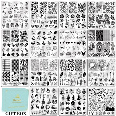 Biutee Nail Stamping Plates Set 15PCS Nail Art Stamper Scraper Nail Stamp Plates Kit with Storage Bag Gift Box Nail Stamp Template Kit Lace Flower Butterfly Star Holiday Valentine Design