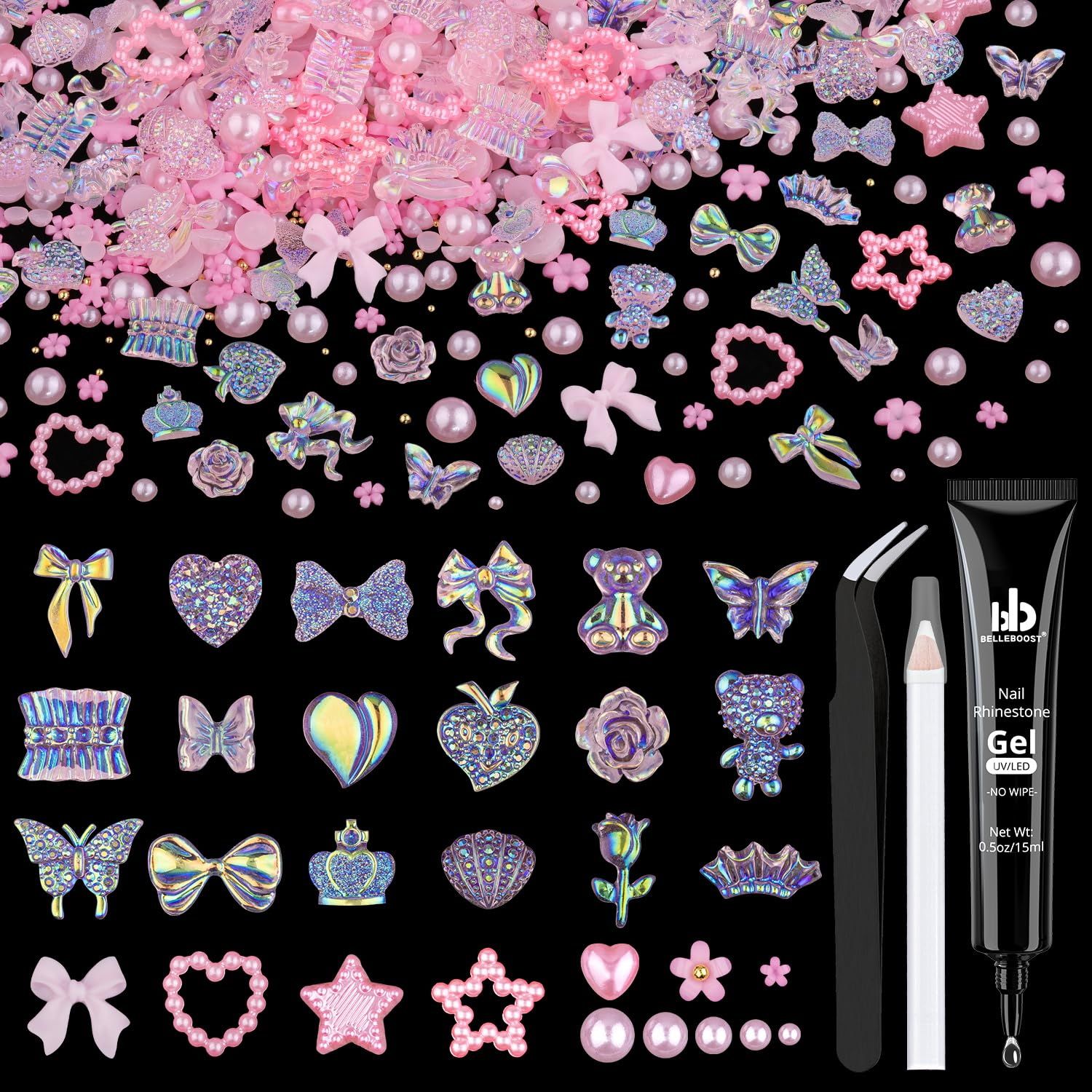 Kawaii 120 Pcs 3D Nail Charms with Glue Set(UV Needed), Over 300 PCS Charms with Butterfly Bow Star Heart Bear 3D Flower and Pearls in Total with Tools for Nail Art(Pink)