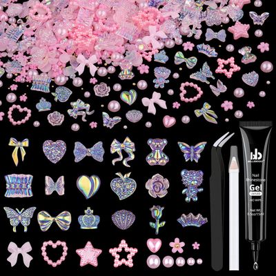 Kawaii 120 Pcs 3D Nail Charms with Glue Set(UV Needed), Over 300 PCS Charms with Butterfly Bow Star Heart Bear 3D Flower and Pearls in Total with Tools for Nail Art(Pink)