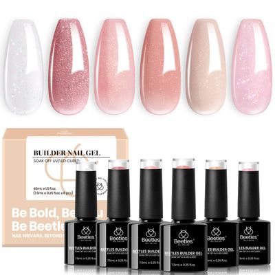 Beetles Builder Gel for Nails, 6 Colors 7 in 1 Nude Pink Glitter Builder Strengthener Gel Set for Nail Apex and Nail Extension Color Nail Art Design Beauty Gift Sets for Women