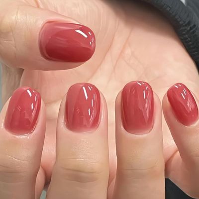 GLAMERMAID Press on Nails Extra Short Squoval, Spring Summer Brick Red Jelly Gel Glue on Nails, 24Pcs Glossy Round Reusable UV Finish Fake Nails Acrylic False Nails Manicure Kits for Women