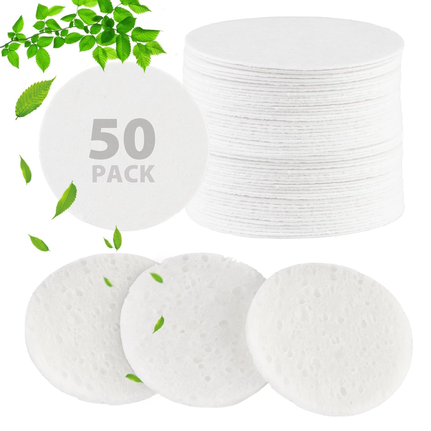 50-Count Compressed Facial Sponges, 100 Natural Cellulose Spa Sponge Perfect for for Daily Cleansing, Exfoliating, Removing Dead Skin and Makeup Removal