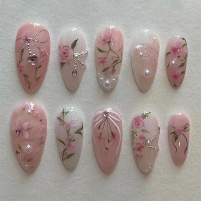 Jremg Peach Blossom Press on Nails Medium Almond Fake Nails with 3D Pearl Diamond Designs Glossy Pink Flower Glue on Nails Reusable Pink White Gradient False Nails for Women Girls Daily Wear 24Pcs