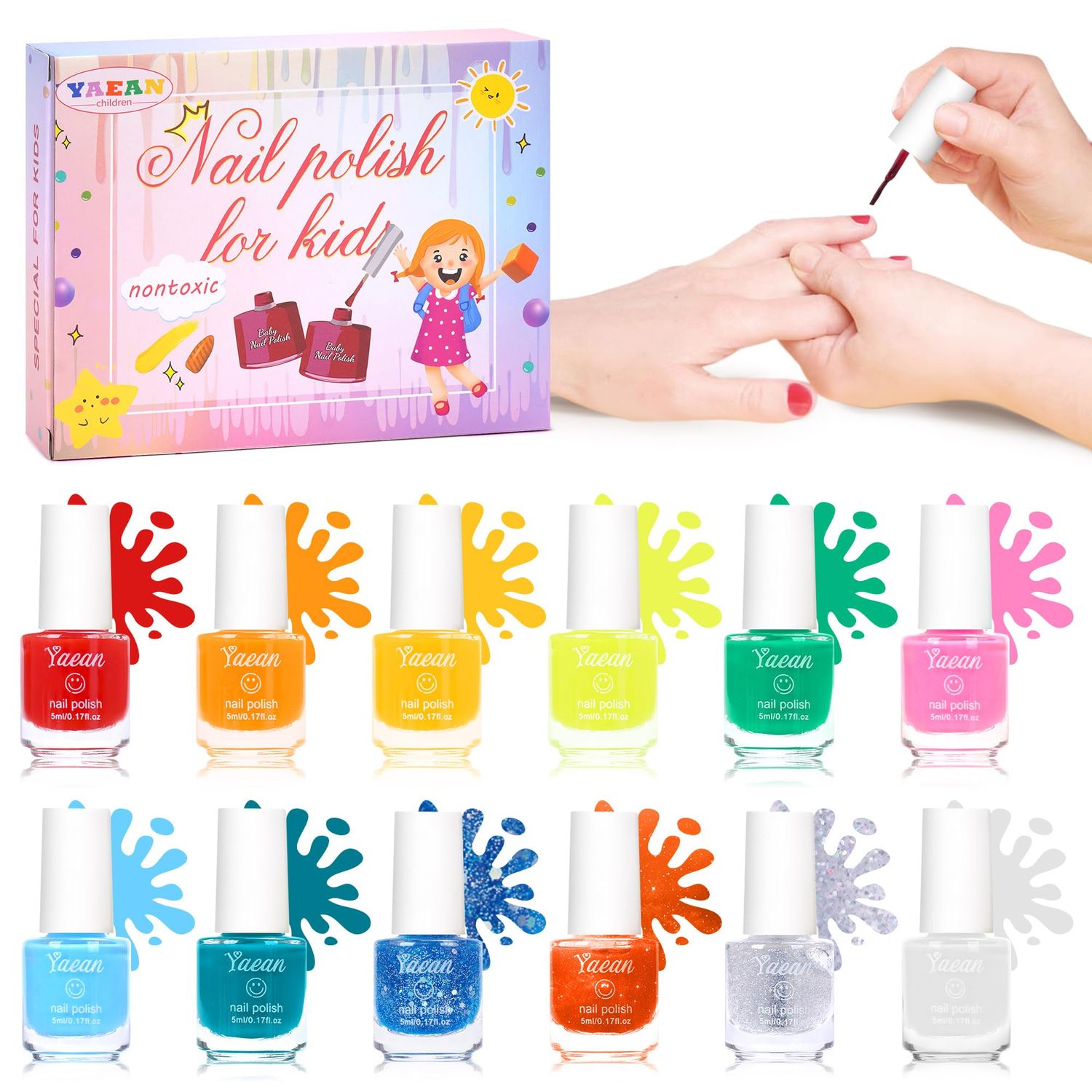 YAEAN kids nail polish set,Non Toxic Kids Nail Polish Set for Toddler,Water-Based Natural Safe Quick Dry Nail Polish Kit,Birthday Gift Nail Polish Set for Girl (11 Colors 1 Coat) Kids Ages 3