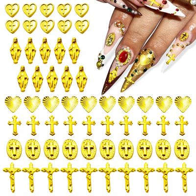 60Pcs Gold Cross Nail Charms for Nails Art Design Metal Luxury Jewels Decoration Gems Retro Chrome Gothic Accessories Vintage Nail Craft Heart Jewelry DIY Punk Style Holy Logo Decor Jesus Virgin Mary