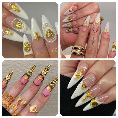60Pcs Gold Cross Nail Charms for Nails Art Design Metal Luxury Jewels Decoration Gems Retro Chrome Gothic Accessories Vintage Nail Craft Heart Jewelry DIY Punk Style Holy Logo Decor Jesus Virgin Mary