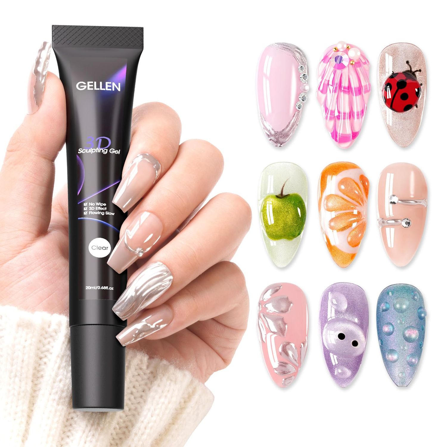 GELLEN Clear 3D Sculpting Gel for Nail Art, Solid 3D Nail Gel for Carving, Molding 3D Gel Nail Art - Easy for 3d Flower Swirl Line