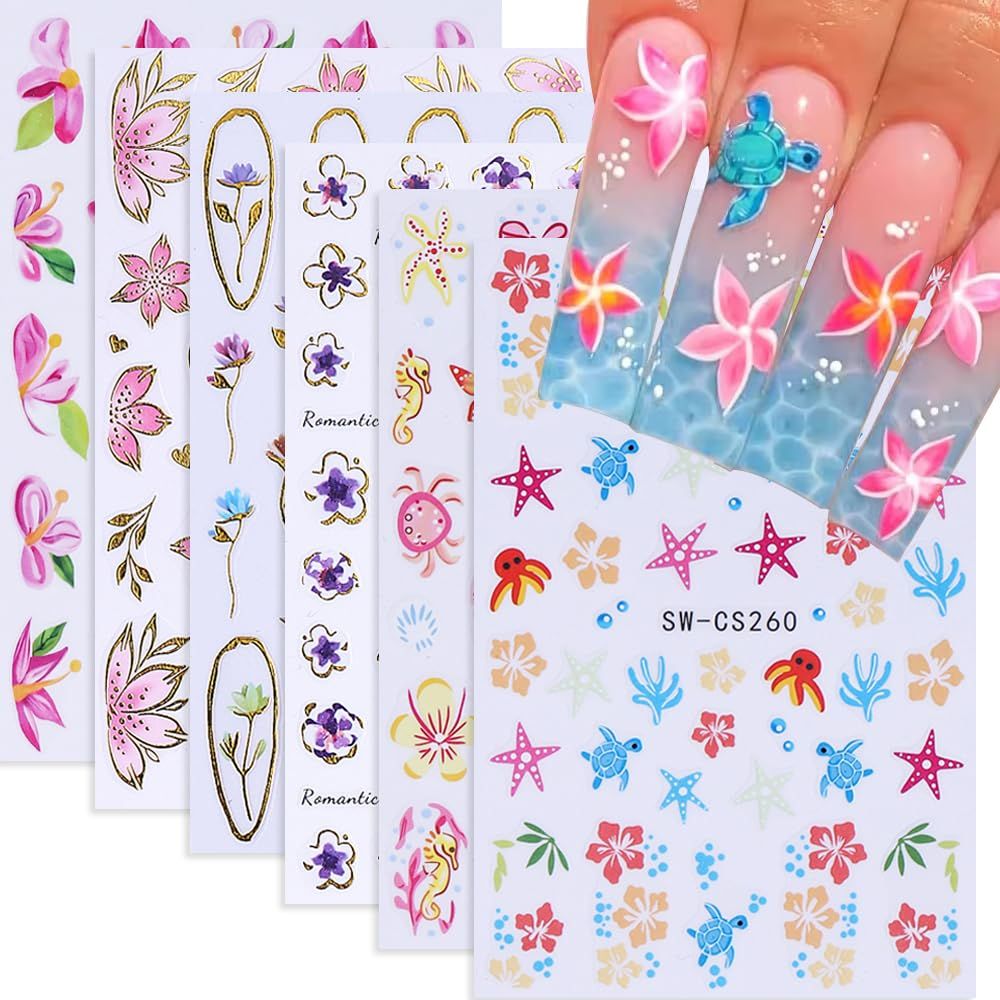 Flower Nail Stickers, Summer Nail Decals 3D Self-Adhesive Ocean Seahorse Hibiscus Flower Small Floral Pattern Summer Hawaii Design Manicure Tropical Nail Accessories for Women Girls(6Sheets)