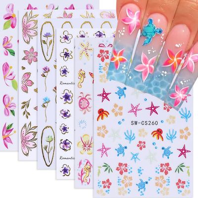 Flower Nail Stickers, Summer Nail Decals 3D Self-Adhesive Ocean Seahorse Hibiscus Flower Small Floral Pattern Summer Hawaii Design Manicure Tropical Nail Accessories for Women Girls(6Sheets)