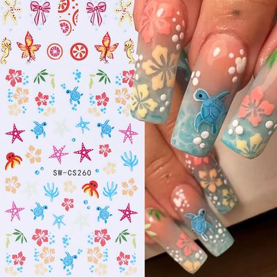 Flower Nail Stickers, Summer Nail Decals 3D Self-Adhesive Ocean Seahorse Hibiscus Flower Small Floral Pattern Summer Hawaii Design Manicure Tropical Nail Accessories for Women Girls(6Sheets)