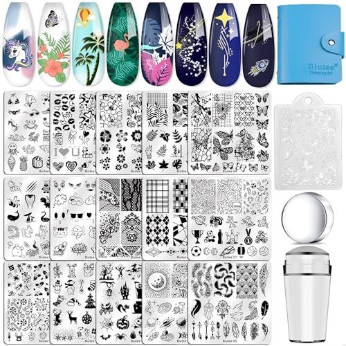 Biutee Nail Stamping Plates Set 15PCS Nail Art Stamper Scraper Nail Stamp Plates Kit with Storage Bag Gift Box Nail Stamp Template Kit Lace Flower Butterfly Star Holiday Valentine Design
