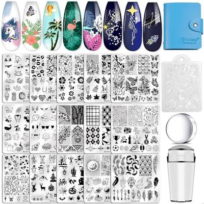 Biutee Nail Stamping Plates Set 15PCS Nail Art Stamper Scraper Nail Stamp Plates Kit with Storage Bag Gift Box Nail Stamp Template Kit Lace Flower Butterfly Star Holiday Valentine Design