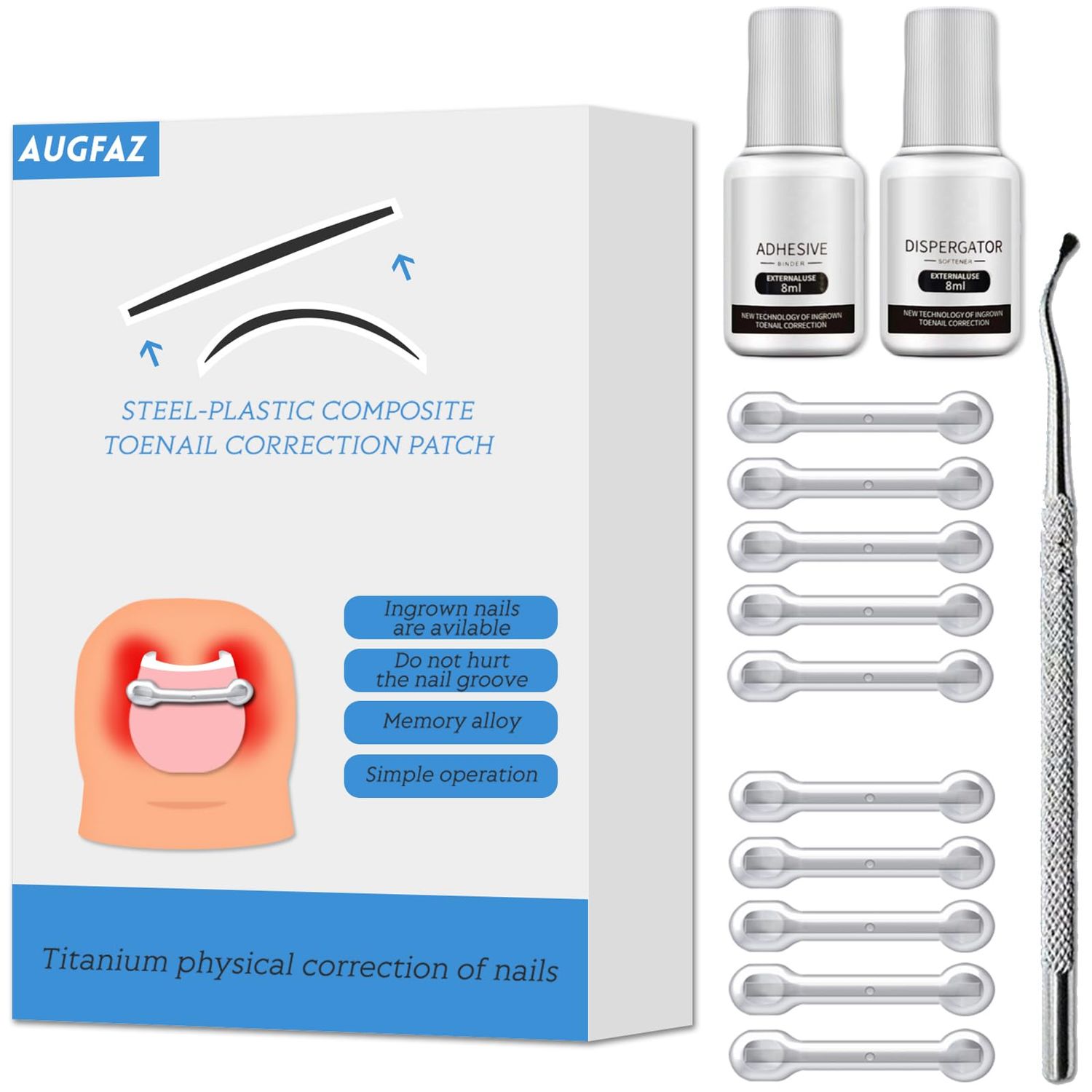 Ingrown Toenail Treatment, Quick Relief Ingrown Toenail Corrector 0.79in 10pcs Tool Kit at Home, Curve Correct for Big Toe Ingrown Nail Outgrow Lifter Sticks To The Nail with Removal tool