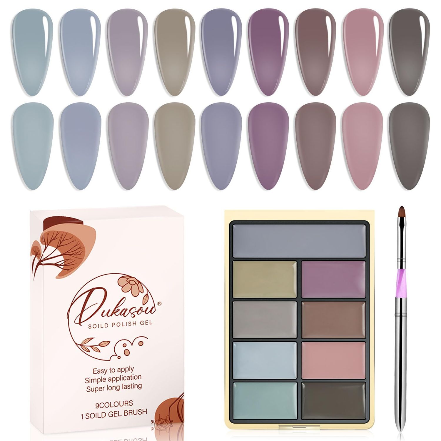 DUKASOU Solid Gel Nail Polish Set, 9 Colors Dark Purple Solid Cream Gel Polish Palette, All Season Solid Nail Gel Polish with Brush, UV Gel Nail Polish Palette for Women DIY Manicure