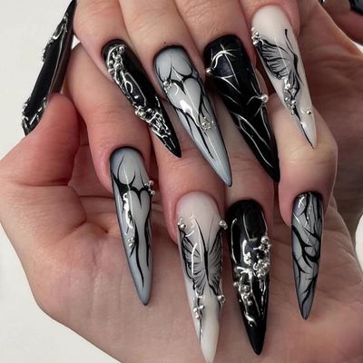 MISUD Press On Nails - Glossy Almond Acrylic Goth Black Artificial Nails with Pearl Design - 24 pcs