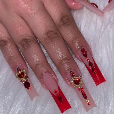 SINSEN Long Square Press on Rhinestone Acrylic Glossy Red French Tip False Nails Kit - Reusable Stick on Finger Manicure Decorations for Women, 24PCS