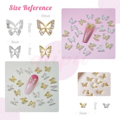 Golden &amp; Silver 3D Butterfly Nail Charms - 58pcs, Includes 8 Rhinestones &amp; 50 Alloy Studs - DIY Nail Art Crystals &amp; Diamonds Decor Supplies