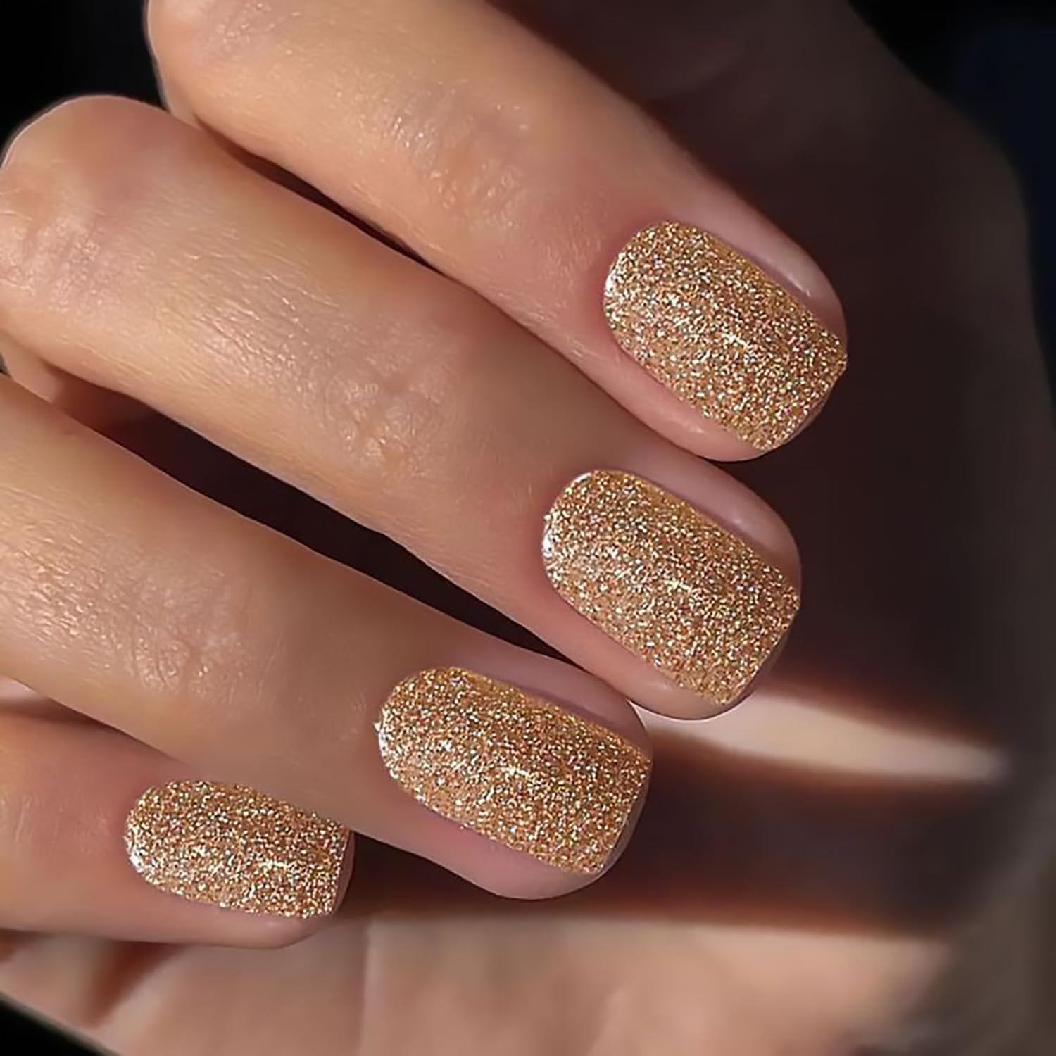 Tyuimhx Gold Press on Nails Square Short Fake Nails Glossy False Nails With Glitter Designs Full Cover Stick on Nails Reusable Shine Artificial Nails for Women Girls Glue on Nails 24Pcs