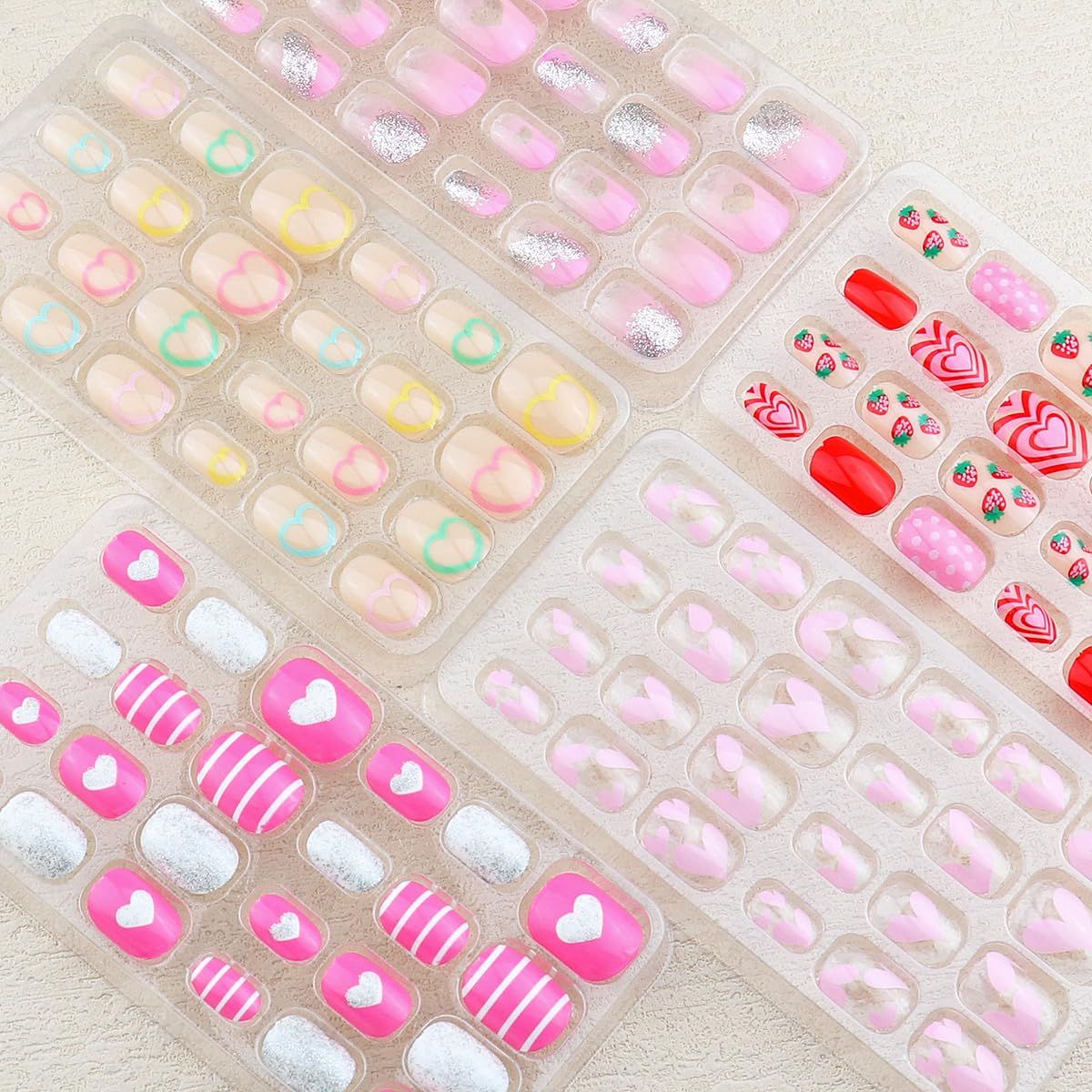 120 Pieces Fake Nails for Girls Heart Pattern Kid Nails Press on Pre-glue Children Artificial False Nails Short Oval Full Cover Acrylic Stick on Nail Tips Kit for Little Girl Toys