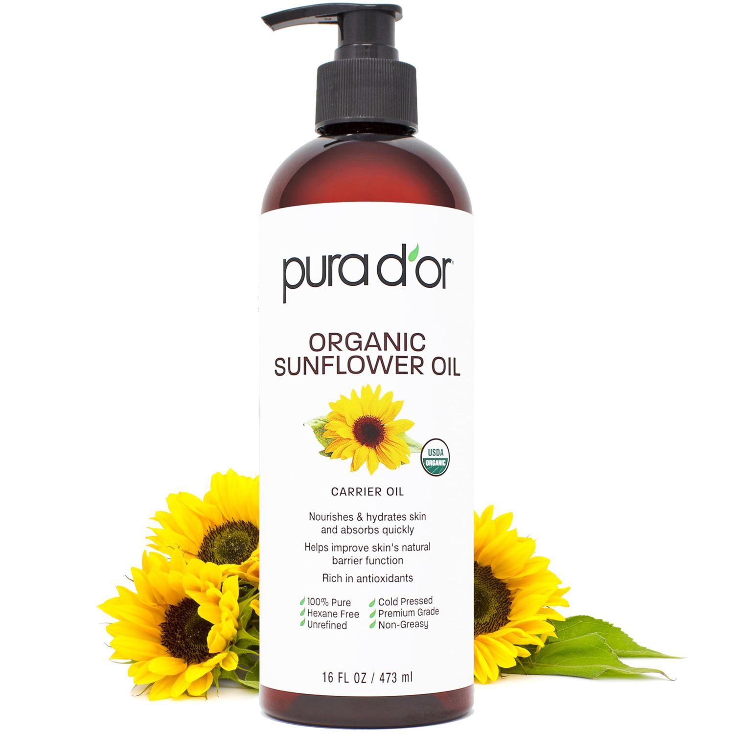 PURA DOR 16 Oz ORGANIC Sunflower Seed Oil - 100 Pure &amp; Natural USDA Certified Cold Pressed Carrier Oil For DIY Beauty - Unscented, Hexane Free Liquid Moisturizer - Face Skin &amp; Hair - Men &amp; Women