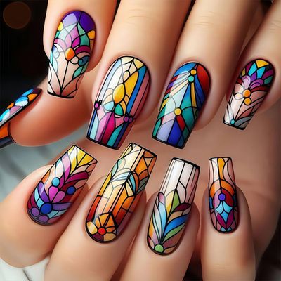 24Pcs Cute Press on Nails Medium Square Fake Nails with Colorful Gradient Designs Glossy False Nails Black Stripes Stick on Nails Reusable Acrylic Glue on Nails for Women Girls