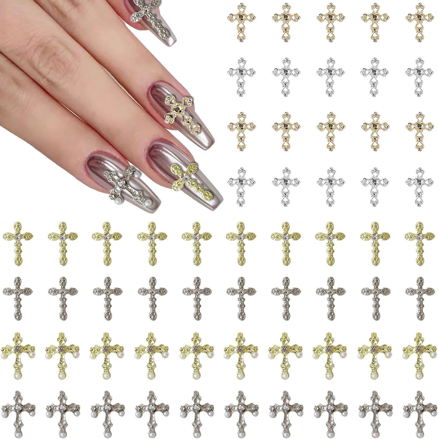 60pcs Cross Nail Charms for Acrylic Nails Accessories, 3D Cross Nail Decorations for Nail Art, Metal Gems Rhinestones Nail Decor for Women Girl DIY Jewelry Cellphone Crafts(GoldSilver)