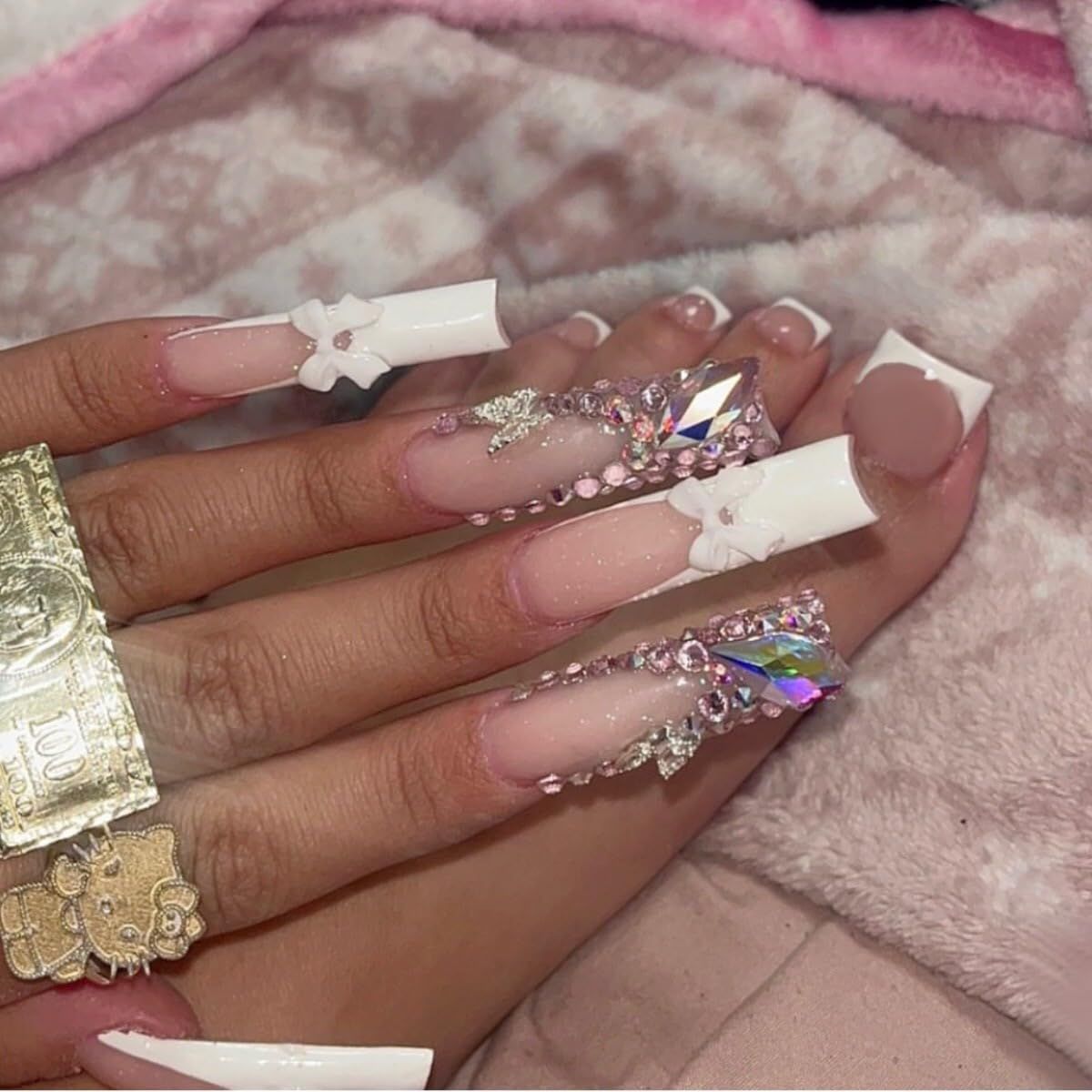 48 Pcs Pink Press on Nails Long Square &amp; Press on Toenails Set - YEFIUO White French Fake Nails Press ons Nail Art Tip Glue on Nails Full Cover Acrylic False Toe Nail Kit with 3D Bow Rhinestone Design