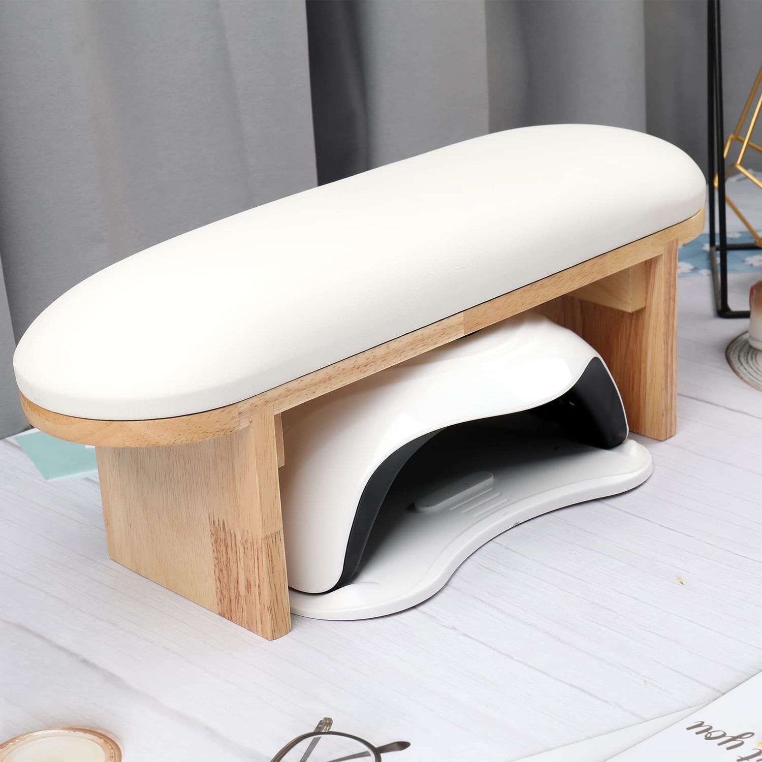 Arm Rest for Nails Professional Microfiber Leather Nail Arm Rest Cushion with Soft High-Density Sponge Solid Wood Table Non-Slip Manicure Hand Rest Stand Nail Supplies for Nail Techs (White)