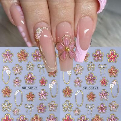 Flower Nail Art Stickers Decals 5D Embossed Flower Nail Decals 2PCS Pink Five-Petaled Gold Floral Circle Spring Summer Nail Art Design Bow Tie Flowers Nail Adhesive Decals for DIY Nail Art Decorations