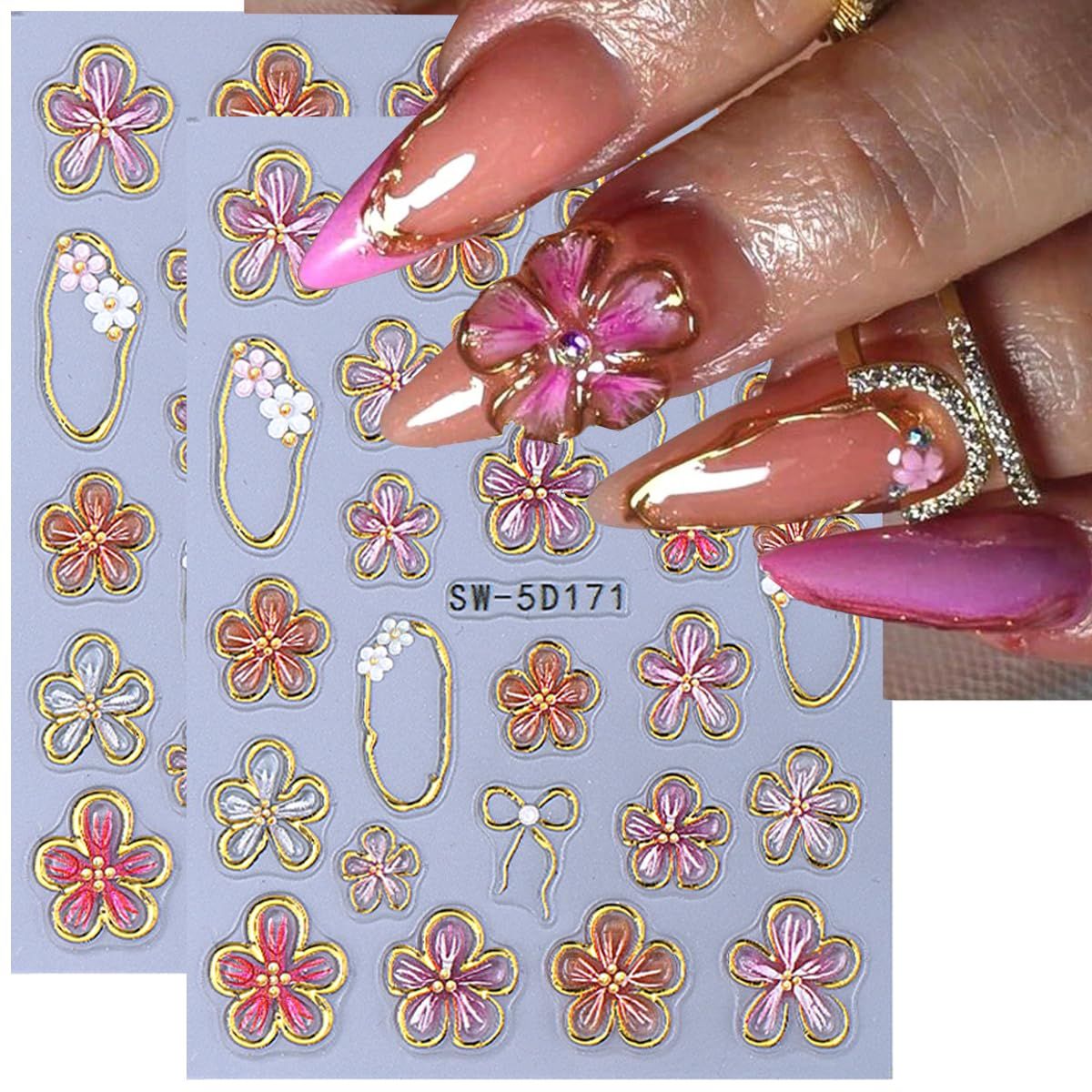 Flower Nail Art Stickers Decals 5D Embossed Flower Nail Decals 2PCS Pink Five-Petaled Gold Floral Circle Spring Summer Nail Art Design Bow Tie Flowers Nail Adhesive Decals for DIY Nail Art Decorations