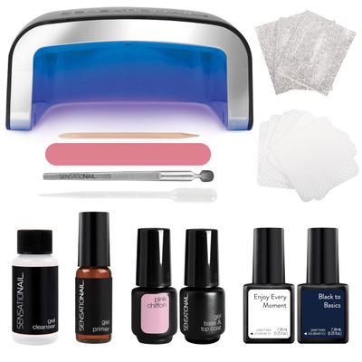Sensationail Complete Gel Nail Polish Starter Kit - Long-Lasting Salon Grade Manicure Kit with UV Lamp - Includes Primer, Base &amp; Top Coat, Cleanser, &amp; More - Includes White, Black, &amp; Pink Gel Polish