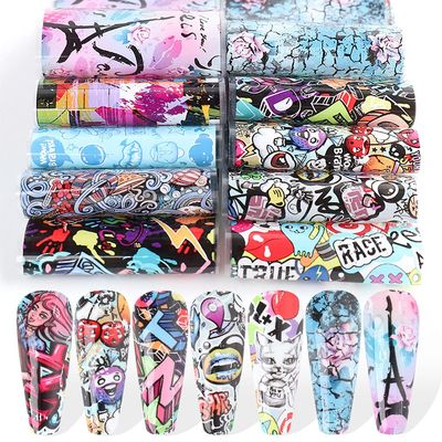 Graffiti Nail Foils Nail Art Transfer Stickers Nail Art Supplies Foil Transfers Holographic Starry Glitter Abstract Letter Colorful Design Luxury Nail Decals for Women Acrylic Nail Decorations 10PCS