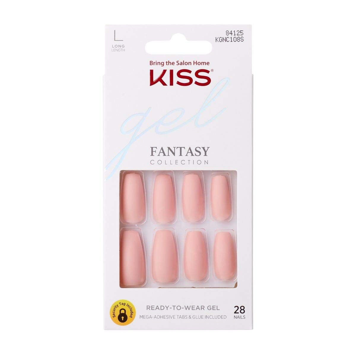 KISS Gel Fantasy Ready-to-Wear Press-On Gel Nails, All About You, Long, Pink, Matte Finish, Nail Kit with 24 Mega Adhesive Tabs, Pink Gel Glue, Manicure Stick, Mini File, and 28 Fake Nails