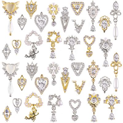 36 Pcs Luxury Nail Charms, TOROKOM 3D Dangle Nail Art Rhinestones Gold Silver Heart Pearl Crystal Gems Nail Diamond for Girl Women DIY Nail Design Craft Jewelry Making