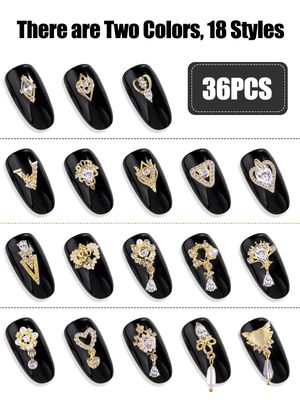 36 Pcs Luxury Nail Charms, TOROKOM 3D Dangle Nail Art Rhinestones Gold Silver Heart Pearl Crystal Gems Nail Diamond for Girl Women DIY Nail Design Craft Jewelry Making