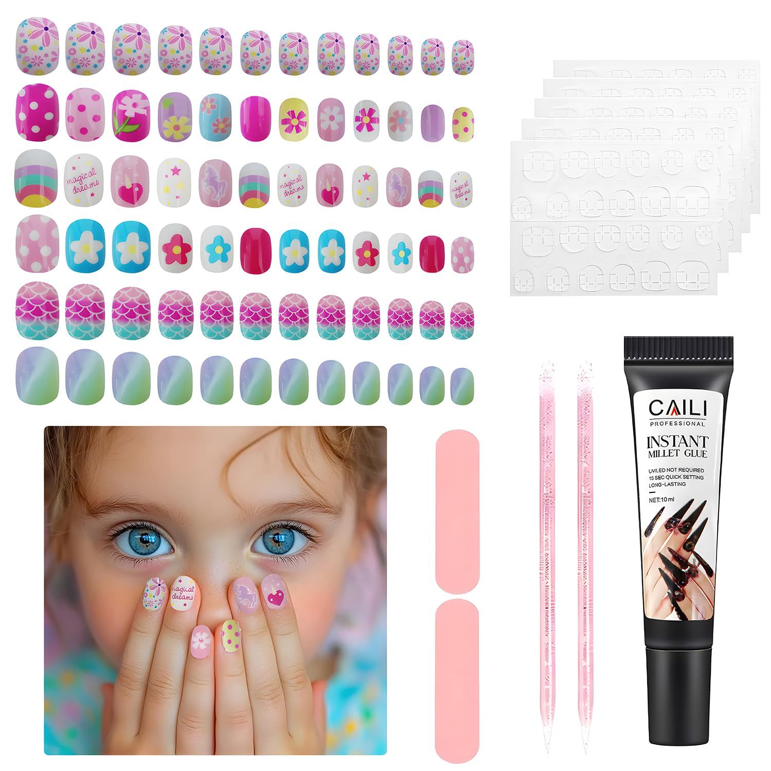 144 Pieces Press on Fake Nails for Kids - Gorvalin 6 Pack Full Cover Flower Mermaid Kids Fake Nail for Girls 10-12 Years Old with Nail Adhesives Tabs &amp; Nail Builder Glue Childrens Day Gift