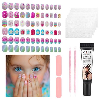 144 Pieces Press on Fake Nails for Kids - Gorvalin 6 Pack Full Cover Flower Mermaid Kids Fake Nail for Girls 10-12 Years Old with Nail Adhesives Tabs &amp; Nail Builder Glue Childrens Day Gift