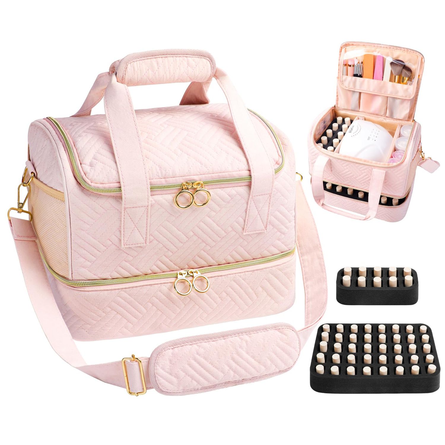 Veirdro Nail Polish Organizer Bag Holds 50 Bottles (15ml/0.5fl.oz)&amp; Nail Lamp, Soft Velvet Nail Kit Storage Carrying Case with Shoulder Strap, Double Layer Nail Supplies Organizer Handbag Women (Pink)