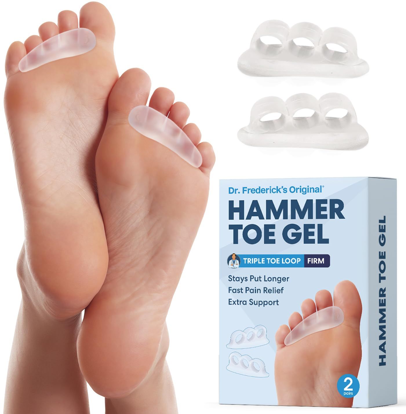 Dr. Fredericks Original Hard Hammer Toe Gels - 2 Pairs - Hammertoe Support Crest for Women &amp; Men - Cushion &amp; Temporary Splint for Toe Alignment, Crooked Toes, and Pain Relief - Clear - 3 Loop Design