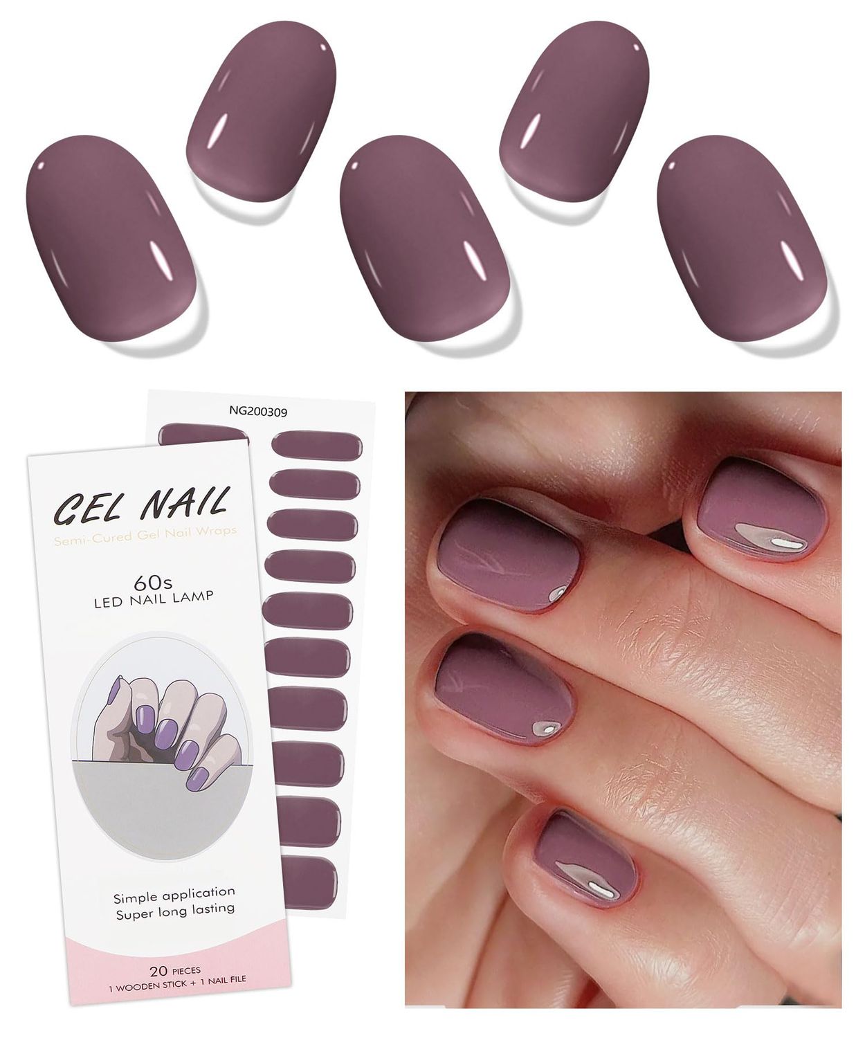 JMEOWIO Gel Nail Stickers Purple Cream Semi Cured Gel Nail Strips Wraps UV/LED Nails Art Design Decoration Accessories