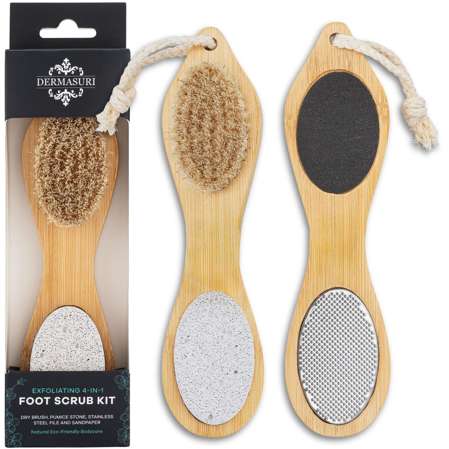 Dermasuri 4 in 1 Exfoliating Foot Scrub Kit - Multi Purpose Foot Care - Natural Bamboo Pedicure Foot Spa Kit - Pumice Stone Callus Remover, Stainless Steel File, Sand Paper Surface, &amp; Dry Brush